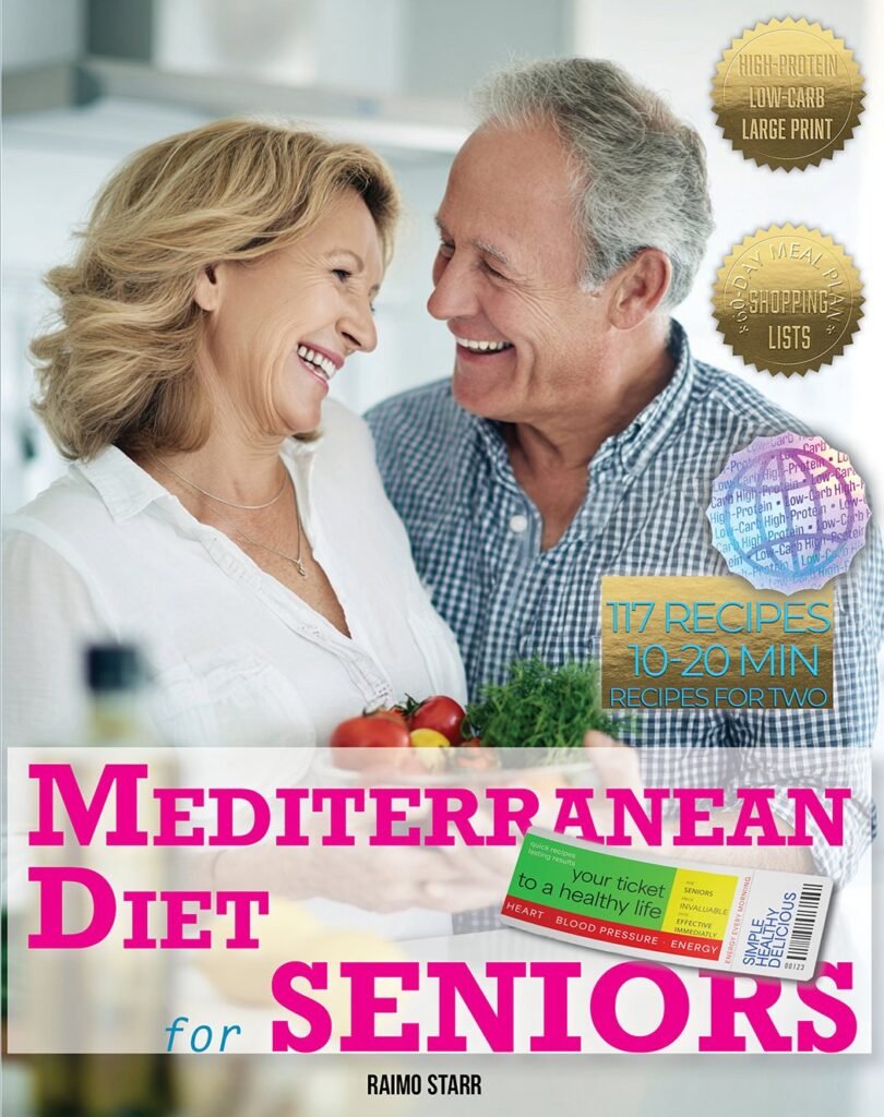 Mediterranean Diet for Seniors cookbook by Raimo Starr - happy senior couple in kitchen with fresh vegetables and salad bowl
