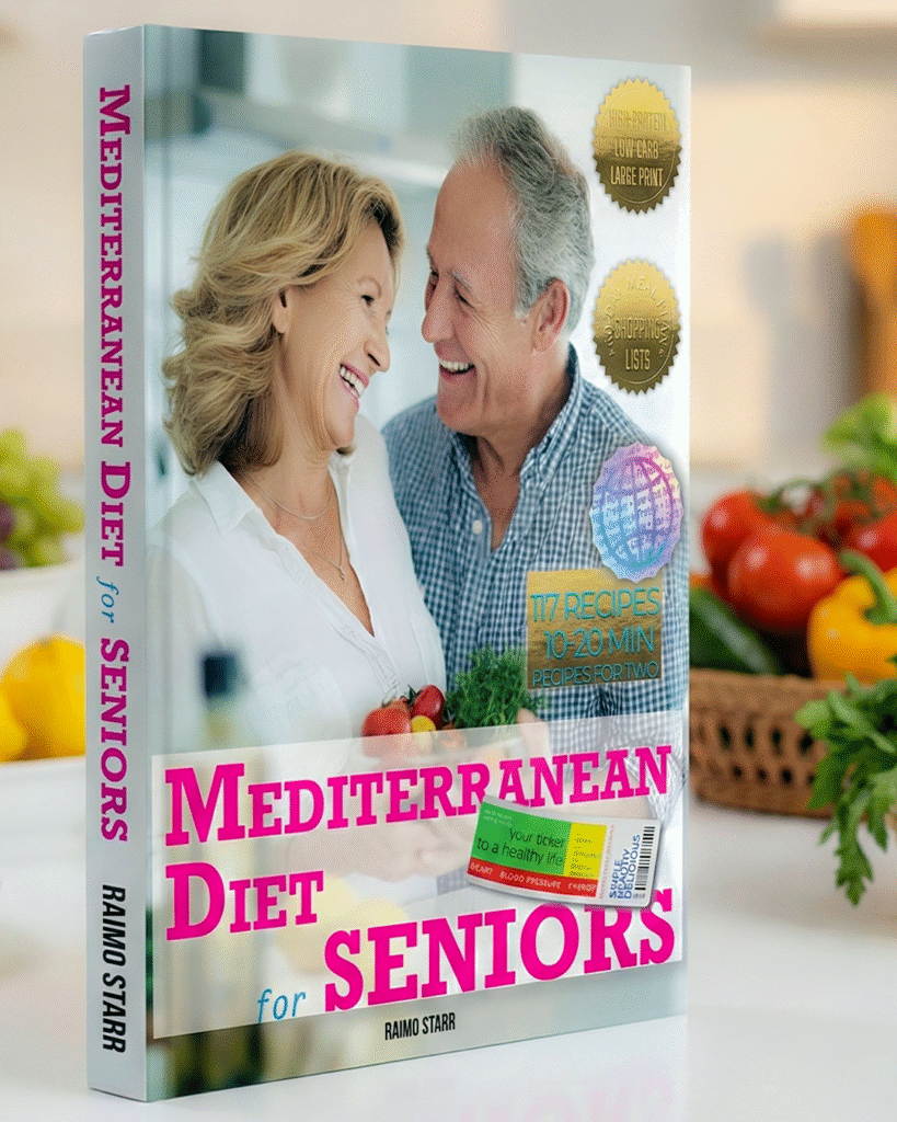 Mediterranean Diet for Seniors cookbook by Raimo Starr featuring smiling senior couple with fresh vegetables on cover