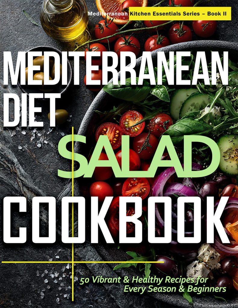 Mediterranean Diet Salad Cookbook by Raimo Starr - fresh colorful salad bowl with tomatoes, cucumbers, olives and feta on dark slate