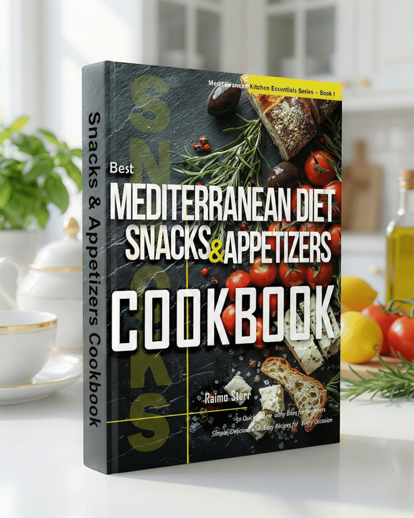 3D mockup of Mediterranean Diet Snacks & Appetizers Cookbook by Raimo Starr standing on white marble counter in bright kitchen