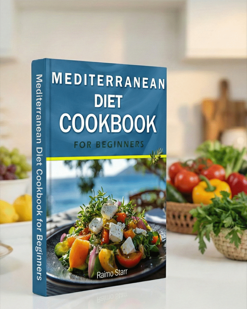 Mediterranean Diet Cookbook for Beginners by Raimo Starr featuring colorful Greek salad with feta on black plate in modern kitchen setting
