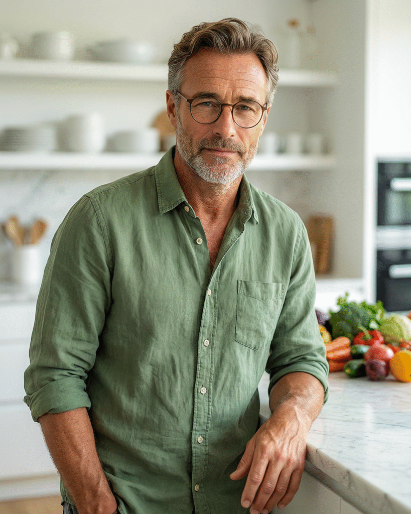 Raimo Starr, Mediterranean cookbook author, in sage green linen shirt leaning against marble counter in modern white kitchen