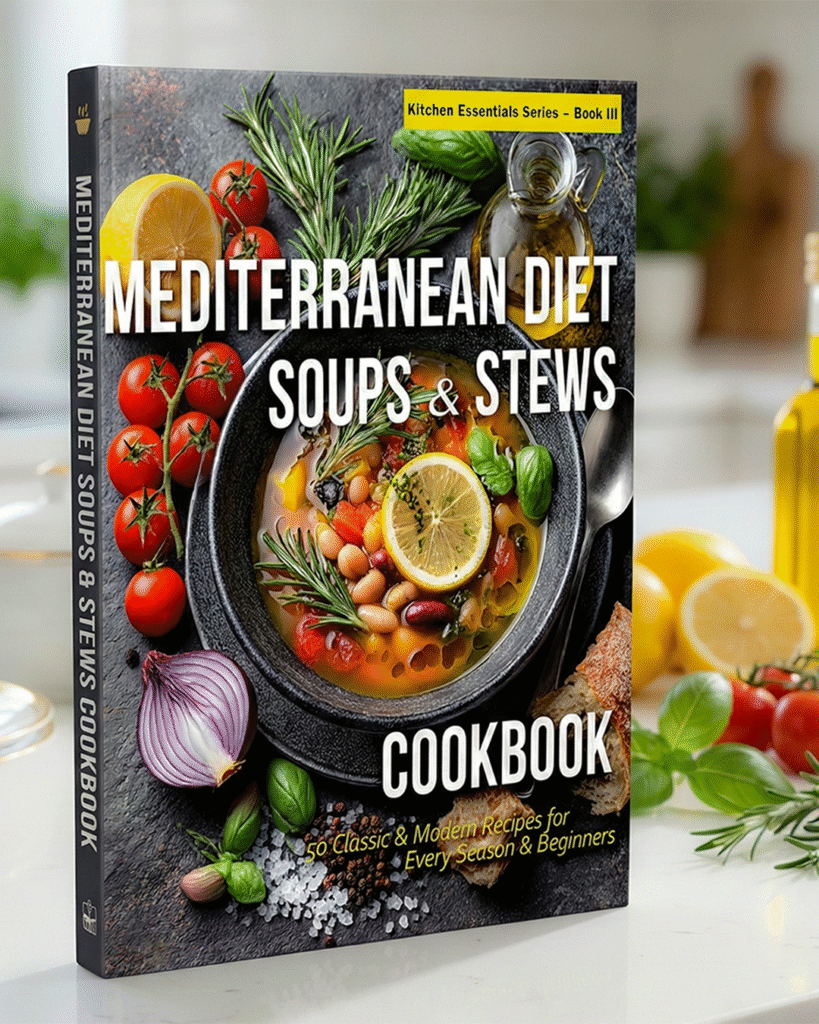 Mediterranean Diet Soups and Stews Cookbook cover featuring hearty bean soup with lemon, fresh tomatoes, herbs, and olive oil